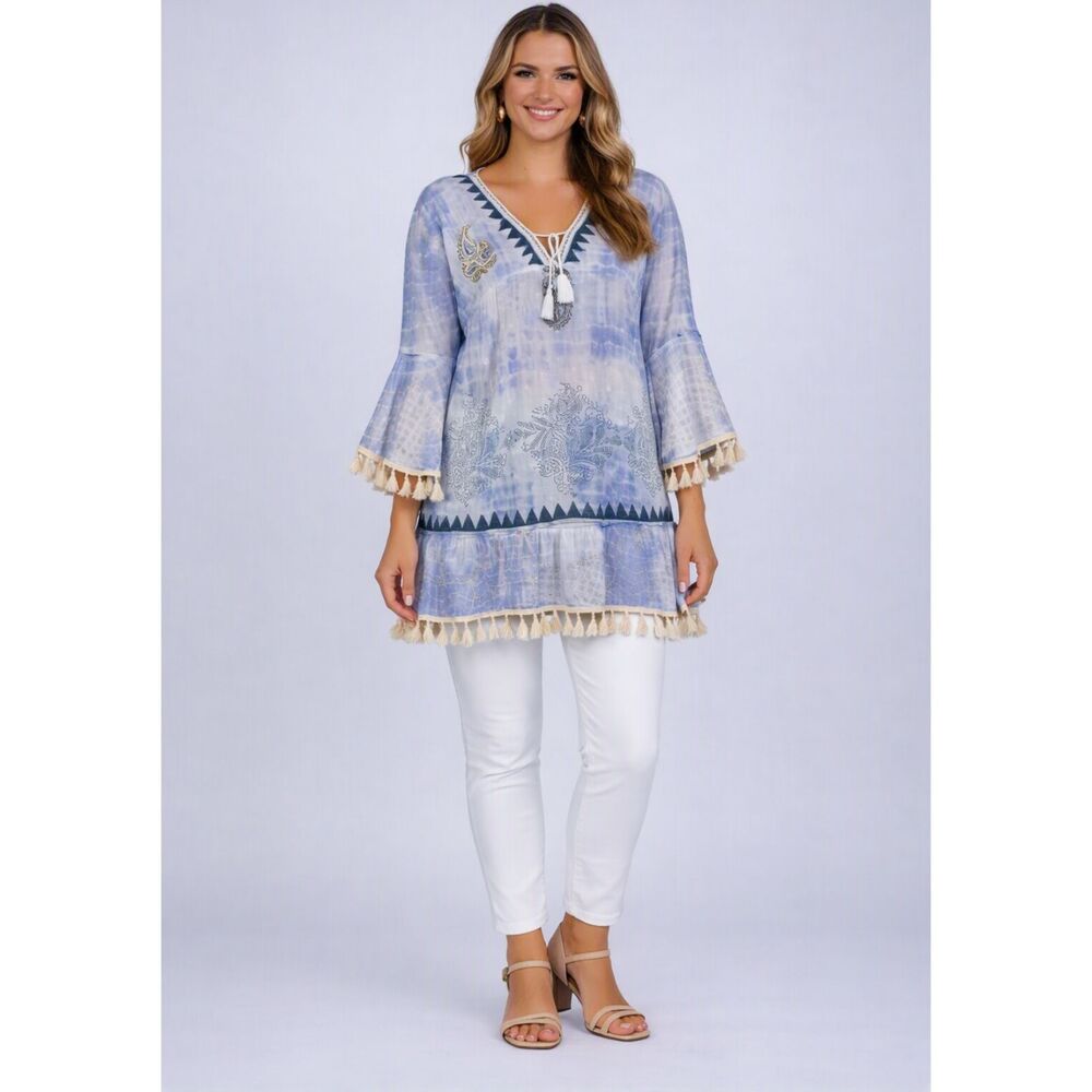 Sacred Threads Blue Boho Tassel Tunic Tie‑Dye Coastal Style Size L/XL - Picture 3 of 3